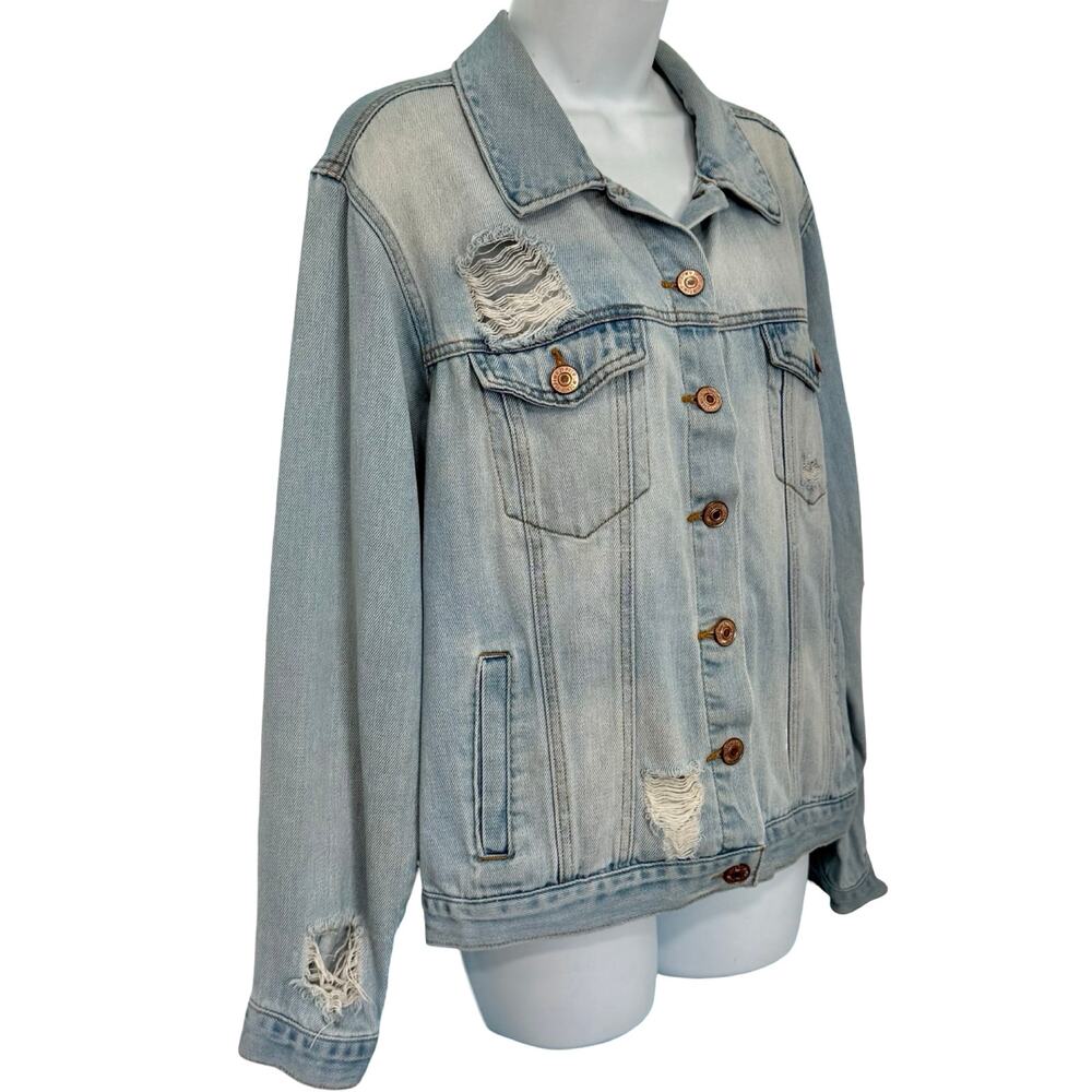 Forever 21 Blue Denim Pink Orange Floral Embroidered Distressed Jean Jacket sz M - Picture 11 of 11